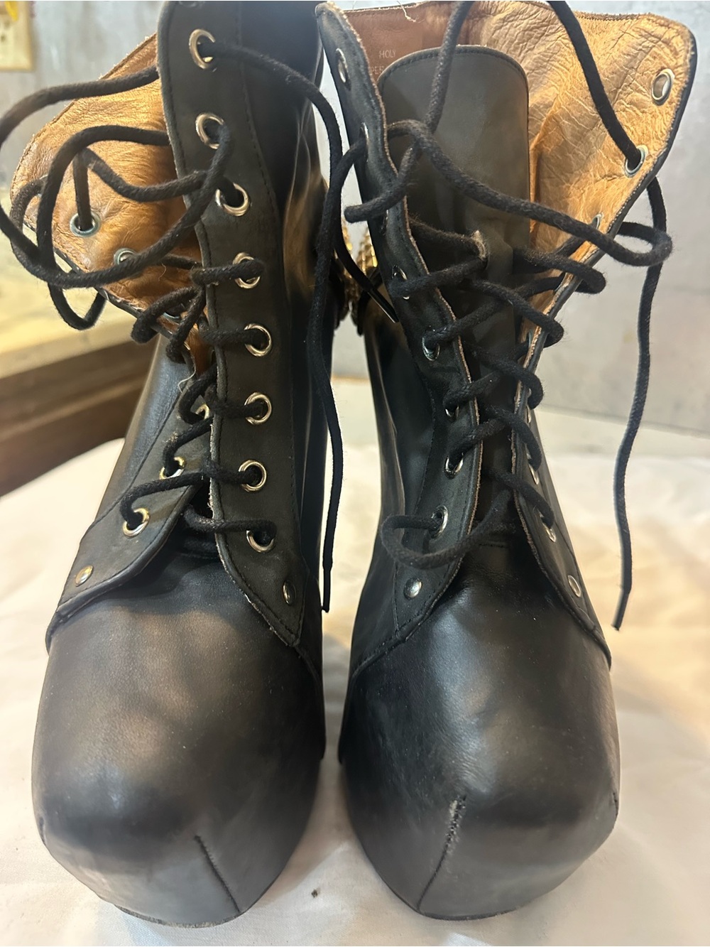 Jeffrey Campbell Black Holy Stud Lace-Up Platform wedge Boots - Picture 9 of 9